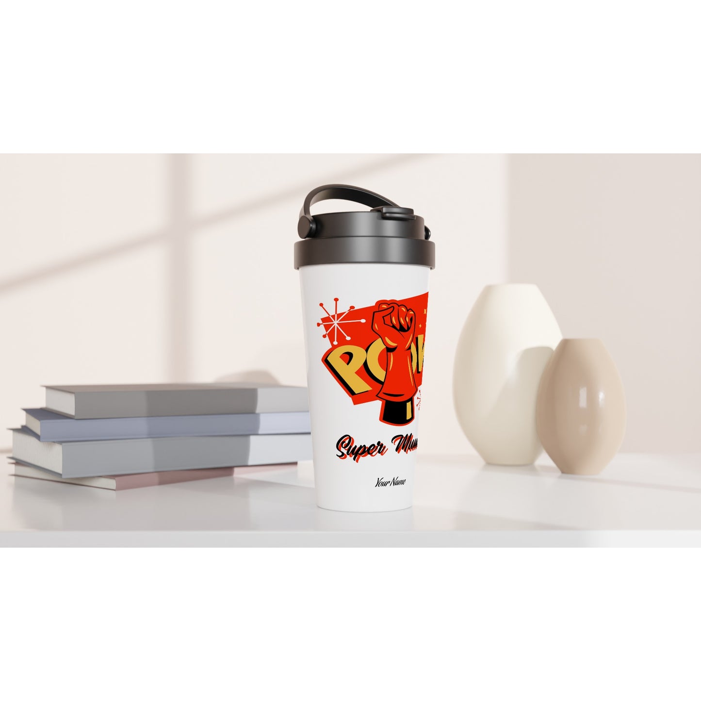 Personalised - Super Mum - White 15oz Stainless Steel Travel Mug Personalised Travel Mug comic Customise Globally Fulfilled Mum Personalise