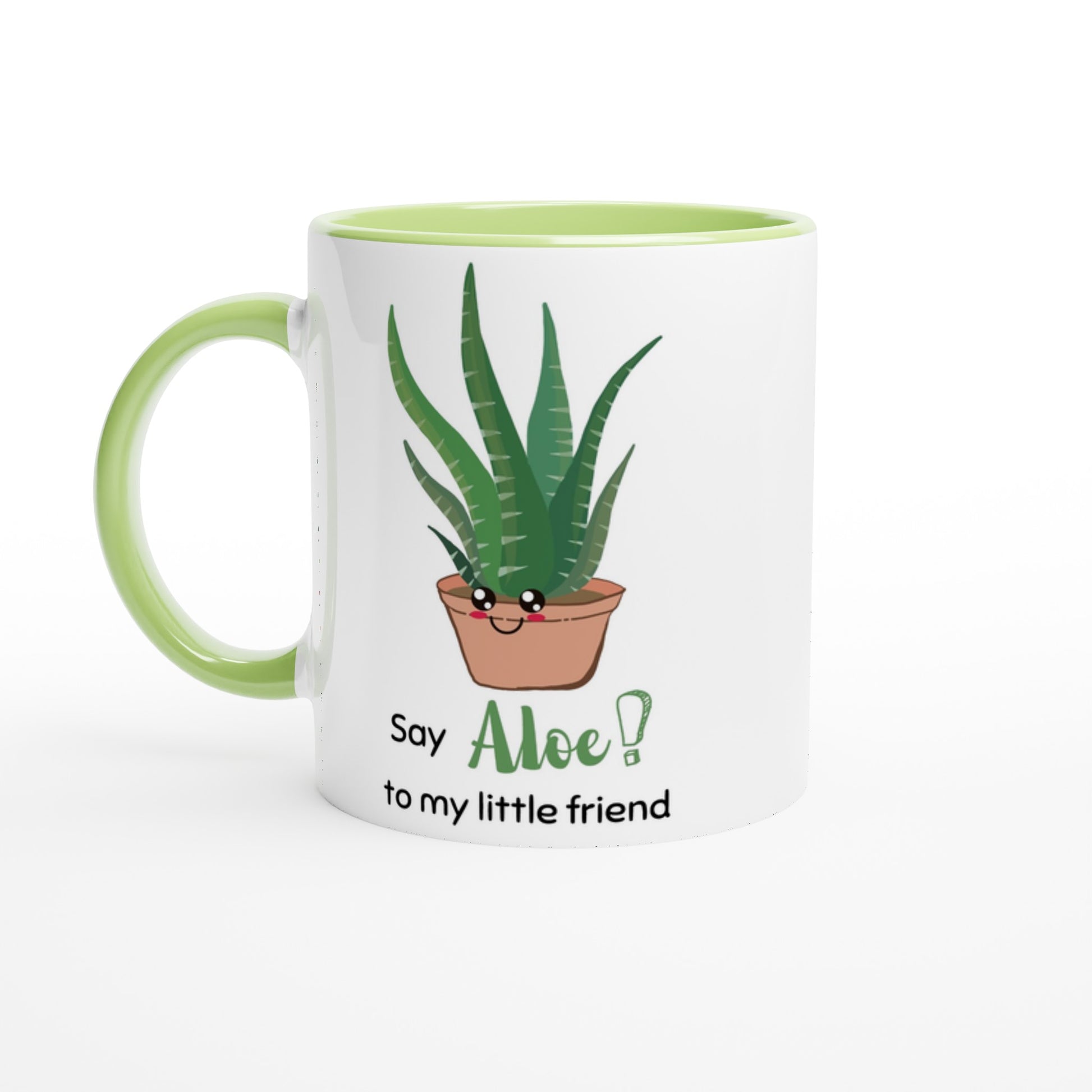 Say Aloe To My Little Friend - White 11oz Ceramic Mug with Colour Inside Ceramic Green Colour 11oz Mug Globally Fulfilled Plants