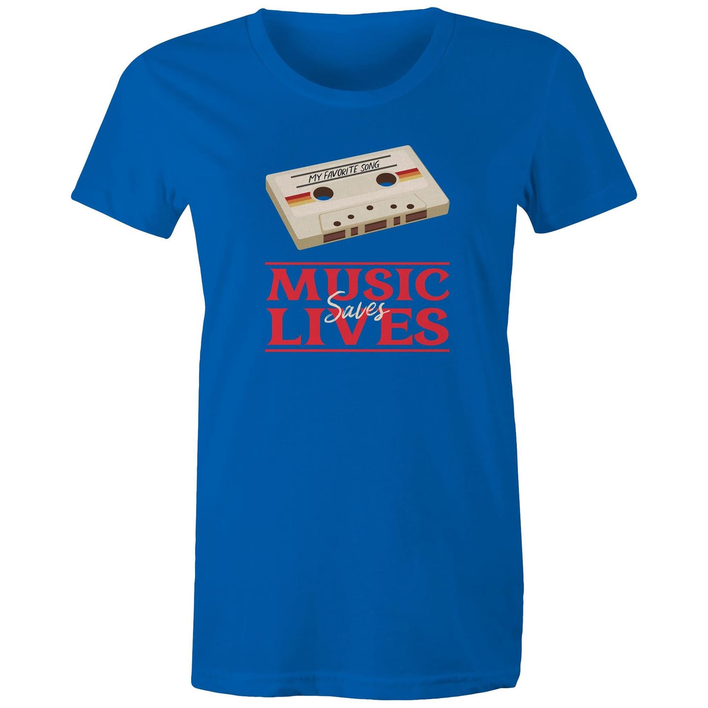 Music Saves Lives, Cassette Tape - Womens T-shirt Bright Royal Womens T-shirt Music Printed In Australia Retro