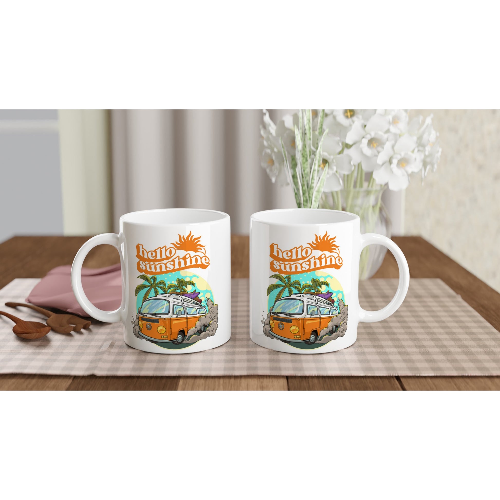 Hello Sunshine, Beach Van - White 11oz Ceramic Mug White 11oz Mug Globally Fulfilled Retro Summer Surf