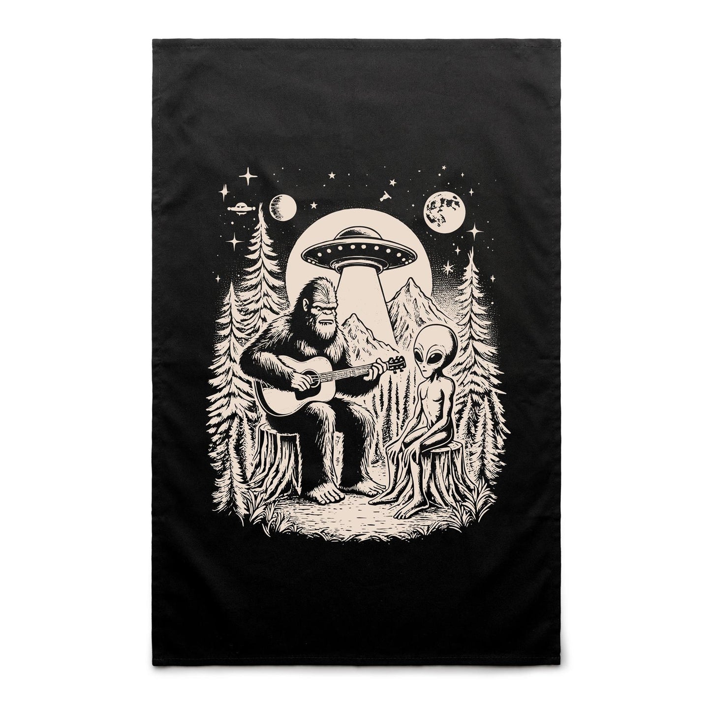 Bigfoot And Alien Playing Guitar - AS Colour Tea Towel