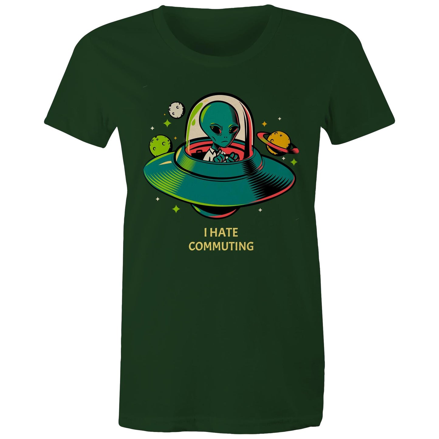 Alien Commute - Womens T-shirt Forest Green Womens T-shirt Printed In Australia Sci Fi