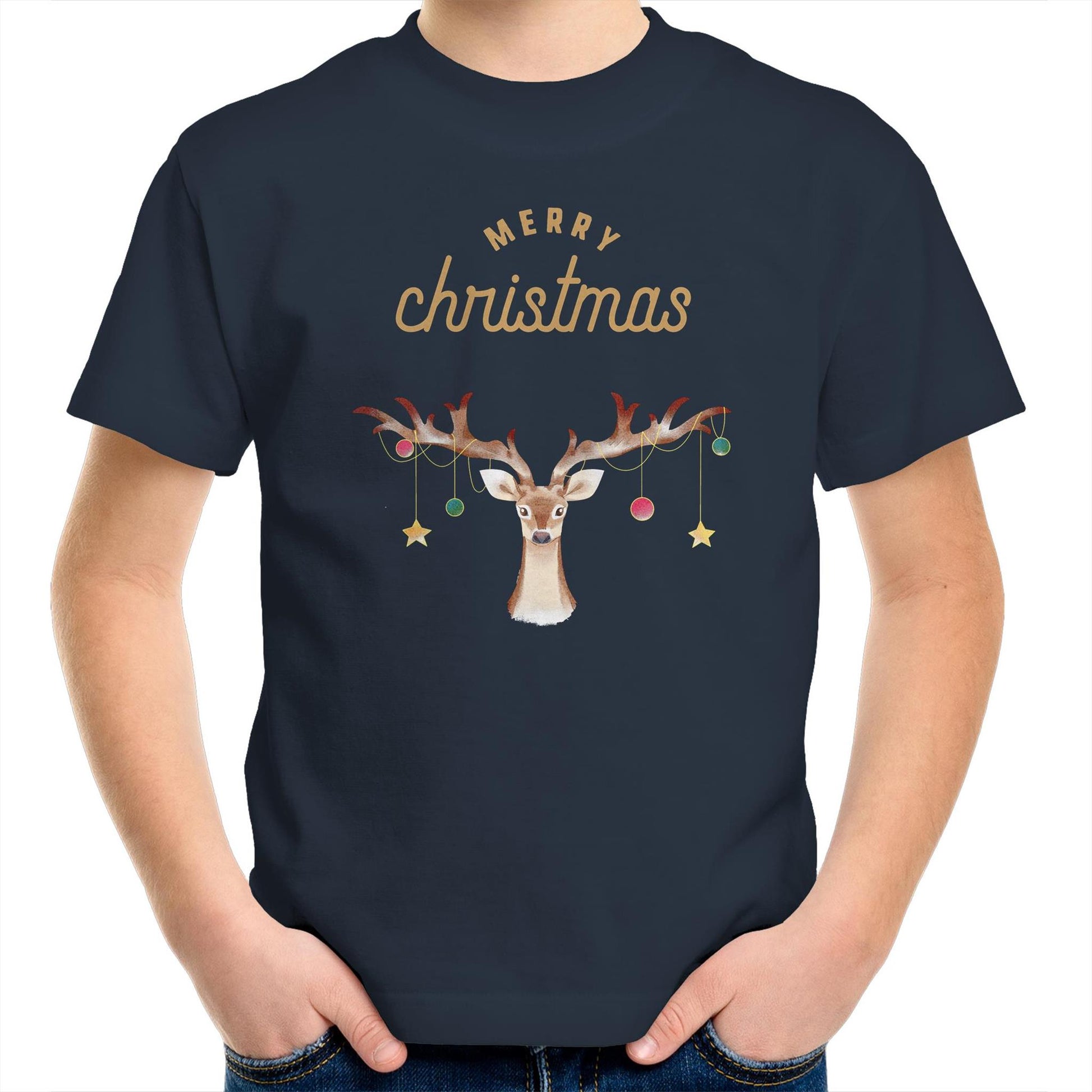 Merry Christmas Reindeer - Kids Youth T-Shirt Navy Christmas Kids T-shirt Merry Christmas