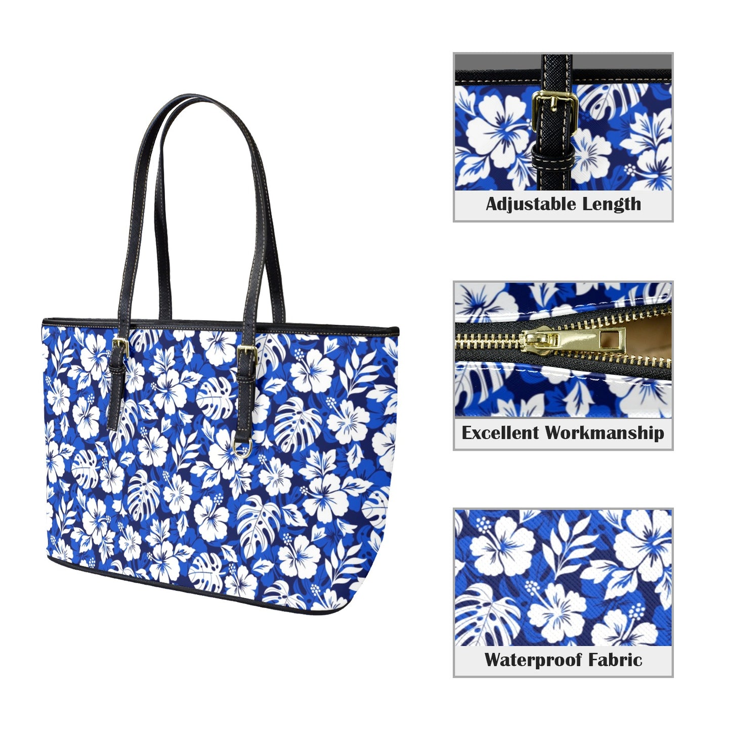 Blue Hawaiian Floral - Leather Tote Bag-Large (Front&Back Printing) (1651)