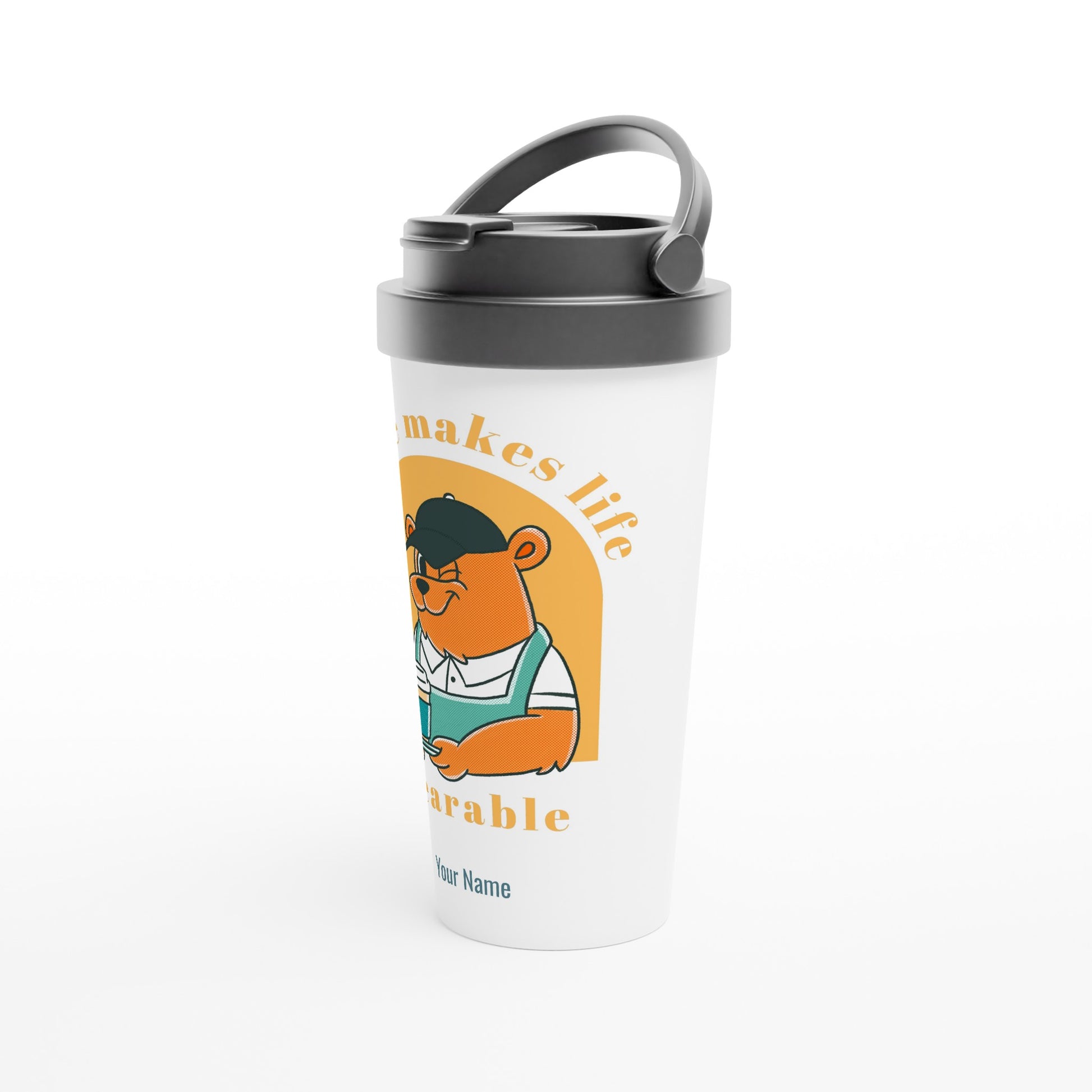 Personalised - Coffee Makes Life Bearable - White 15oz Stainless Steel Travel Mug Personalised Travel Mug retro