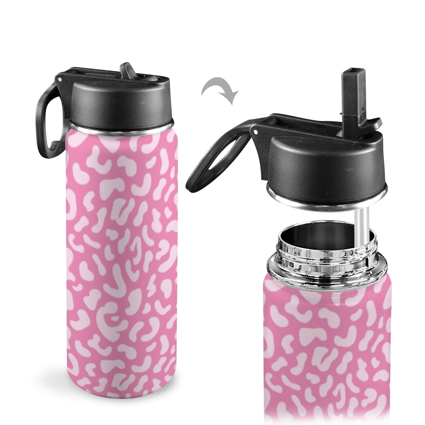 Pink Leopard - Insulated Water Bottle with Straw Lid (18oz) Insulated Water Bottle with Swing Handle