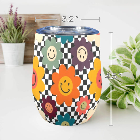 Happy Retro Flowers - 12oz Wine Tumbler