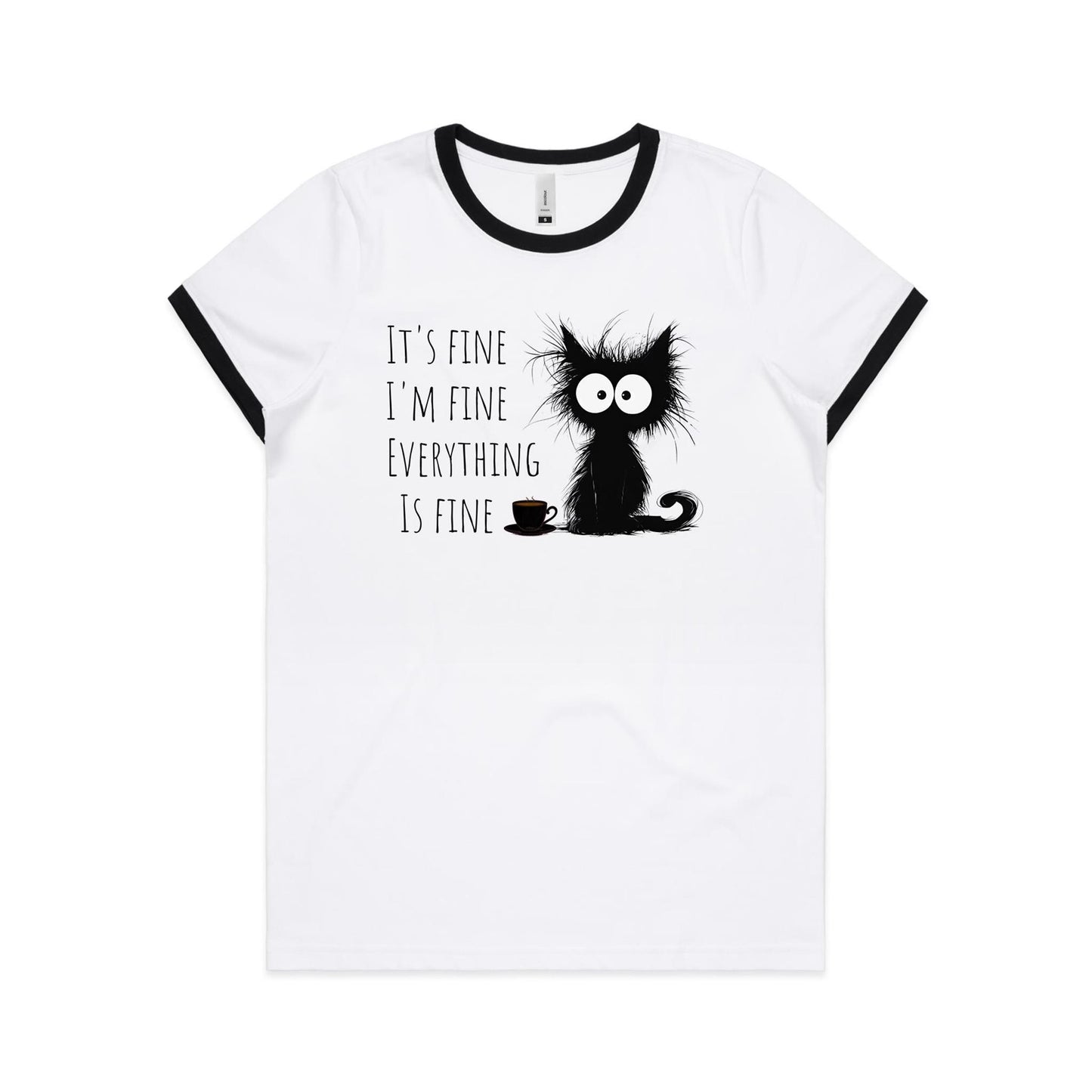 It's Fine, I'm Fine, Frazzled Cat - Women's Ringer Tee White Black