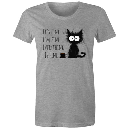 It's Fine, I'm Fine, Frazzled Cat - Womens T-shirt Grey Marle