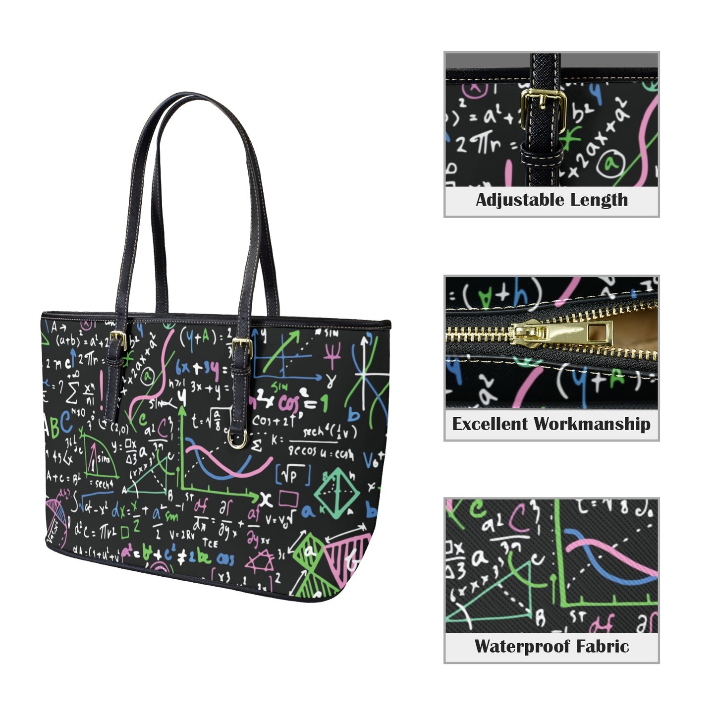 Equations In Green And Pink - Leather Tote Bag-Large