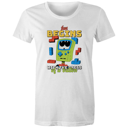 Fun Begins With The Press OF A Button, Game - Womens T-shirt White Womens T-shirt Games Printed In Australia