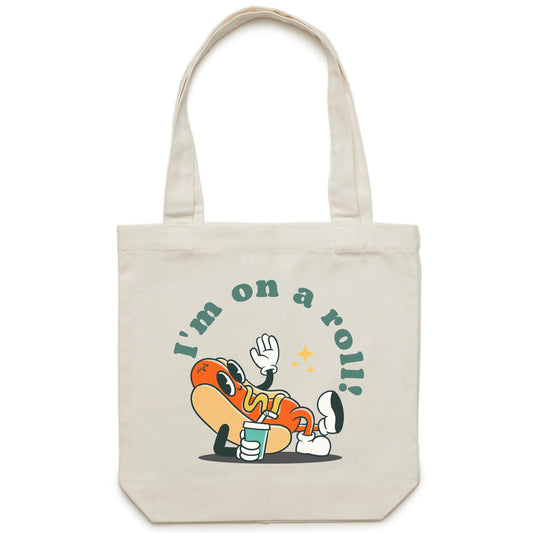 Hot Dog, I'm On A Roll - Canvas Tote Bag Cream One Size Tote Bag Food