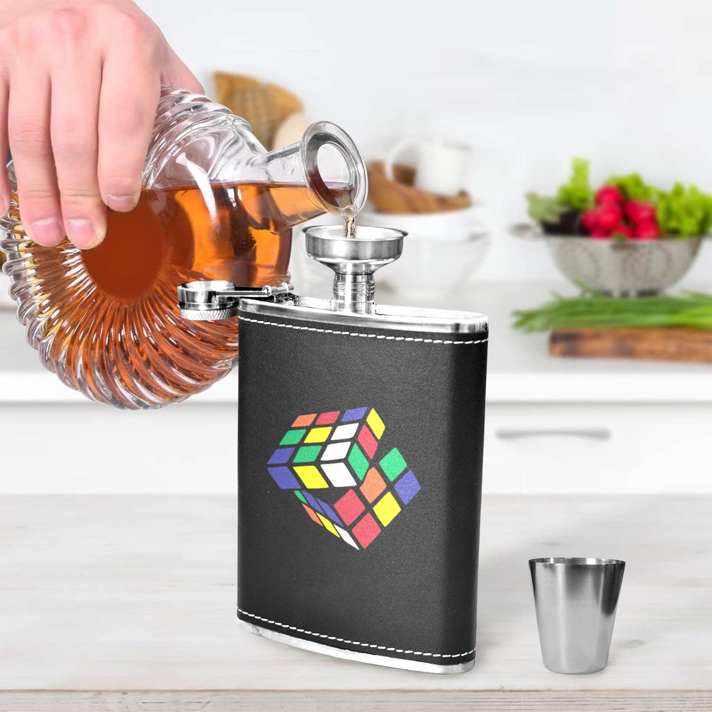 Cube - 8oz Black Leather Hip Flask 8oz Black Leather Hip Flask Printed Offshore