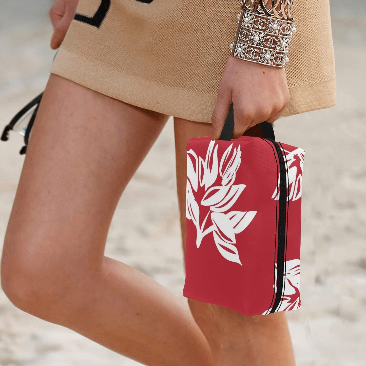 Red Retro Foliage, Hawaiian Flower - Wash Bag