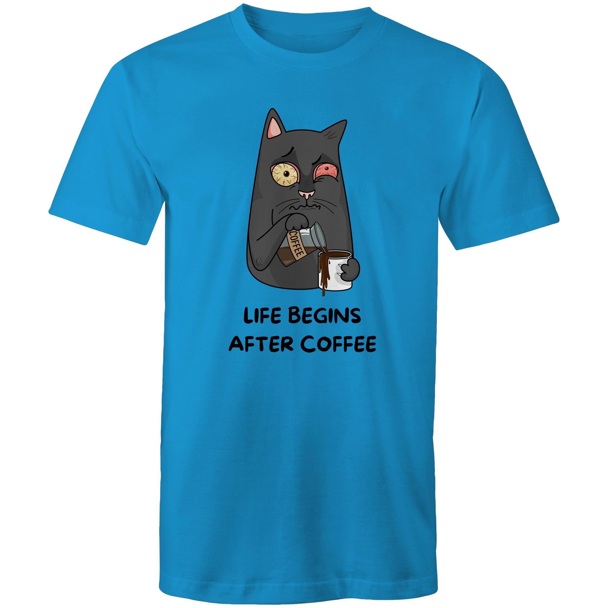 Cat, Life Begins After Coffee - Mens T-Shirt Arctic Blue Mens T-shirt animal Coffee Funny