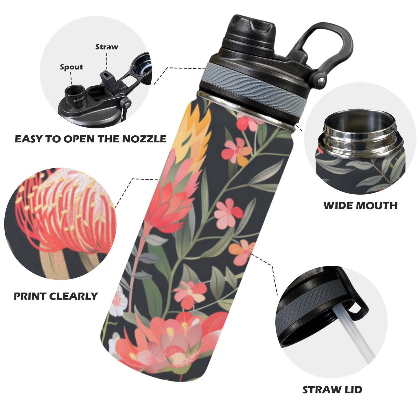 Australian Waratah Flower - Insulated Water Bottle with Dual-Use Lid (18oz)