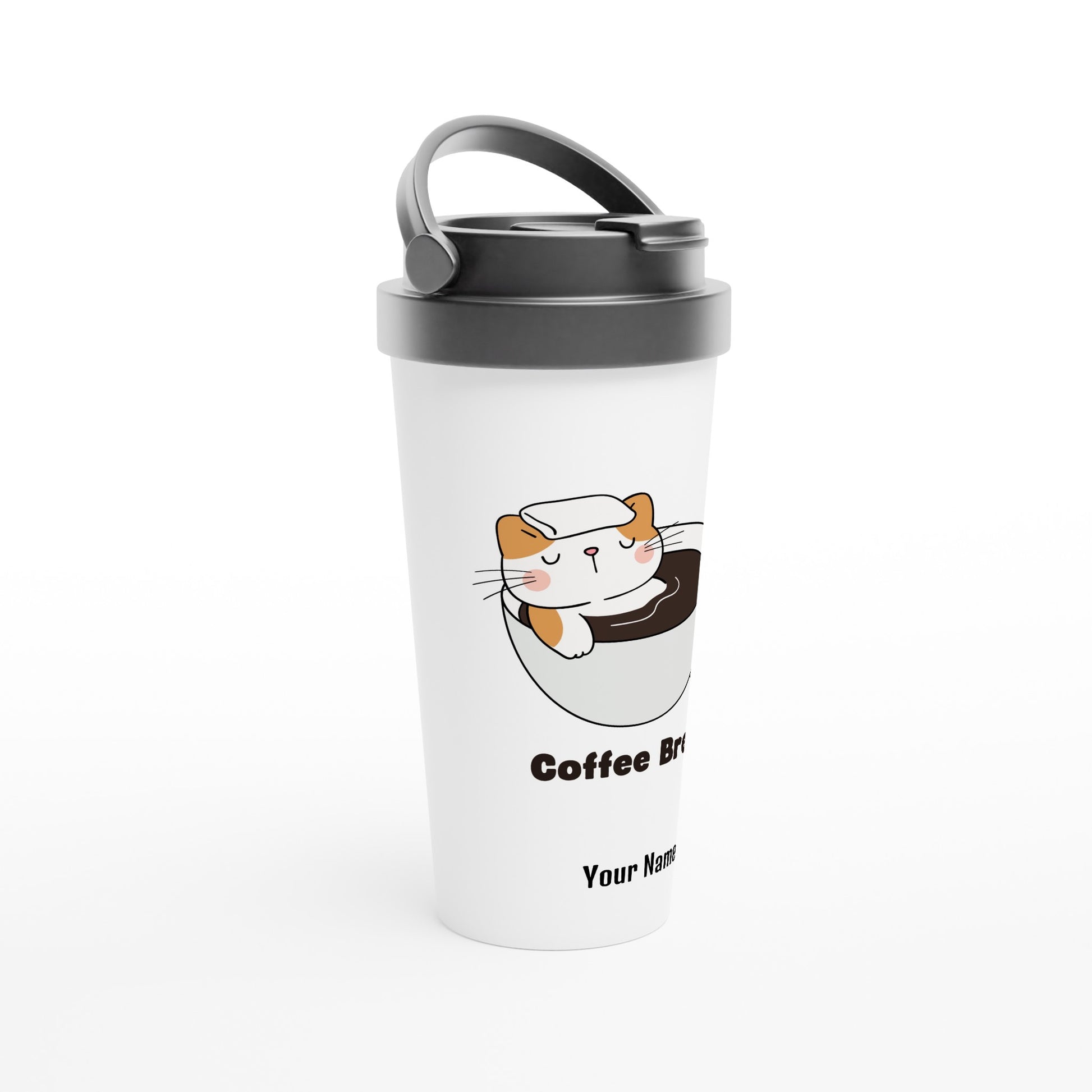 Personalised - Cat Coffee Break - White 15oz Stainless Steel Travel Mug Personalised Travel Mug animal Coffee Customise Globally Fulfilled Personalise