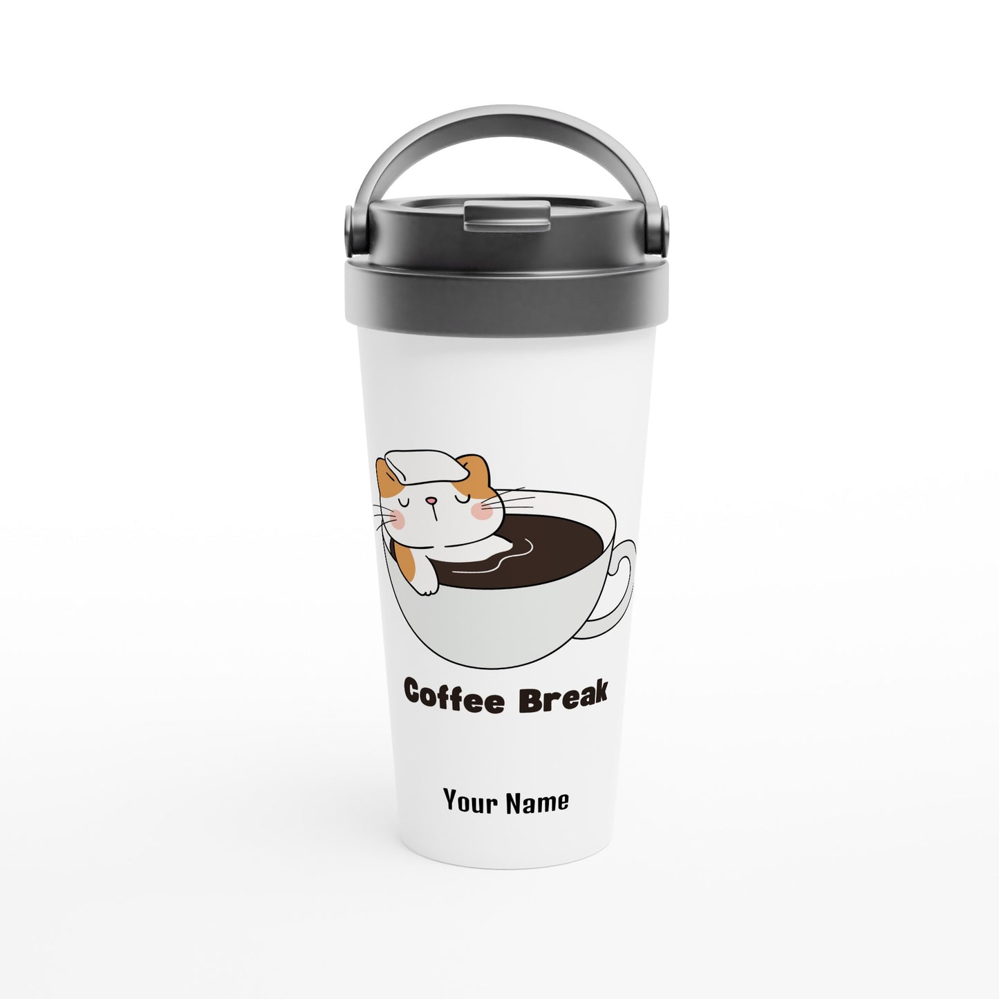 Personalised - Cat Coffee Break - White 15oz Stainless Steel Travel Mug Default Title Personalised Travel Mug animal Coffee Customise Globally Fulfilled Personalise