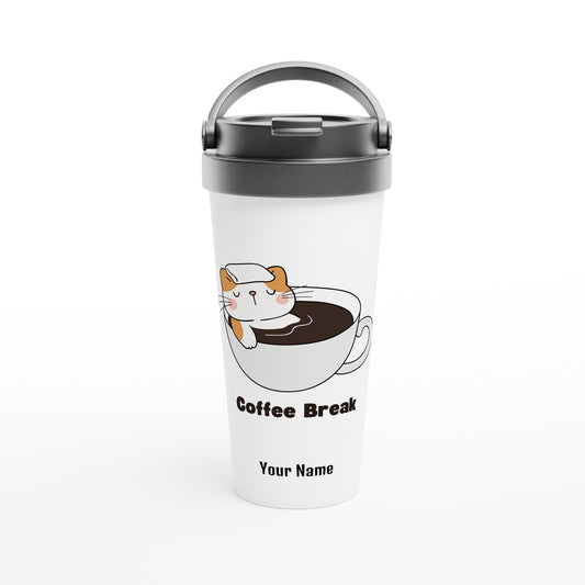 Personalised - Cat Coffee Break - White 15oz Stainless Steel Travel Mug Default Title Personalised Travel Mug animal Coffee Customise Globally Fulfilled Personalise