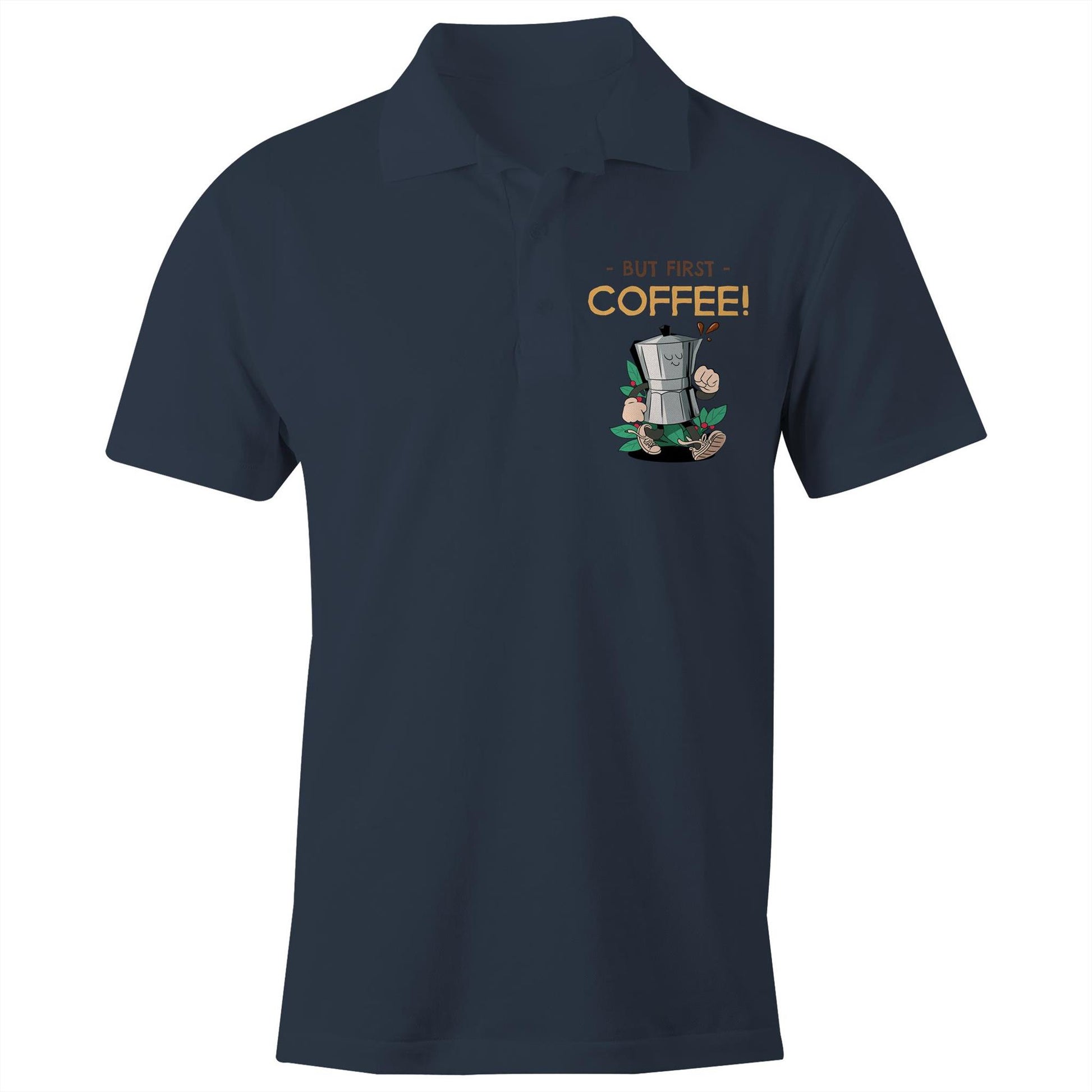 But First, Coffee - Chad S/S Polo Shirt, Printed Navy Polo Shirt Coffee Retro