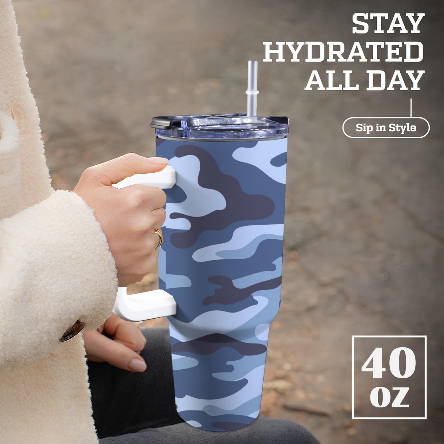 Blue Camouflage - 40oz Tumbler with White Handle