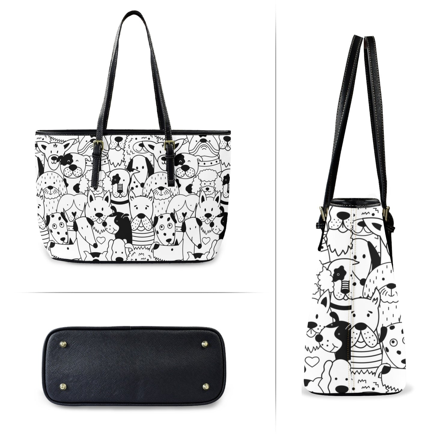 Black And White Dogs - Leather Tote Bag-Large