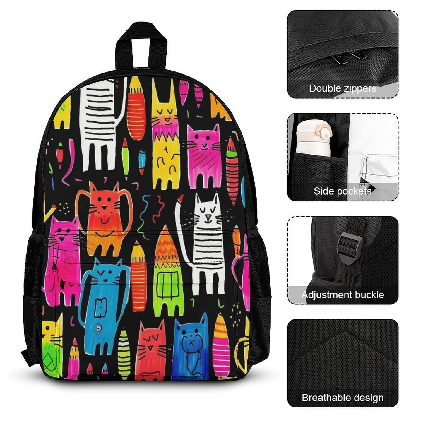 Colourful Cartoon Cats - School Backpack Three Piece Set