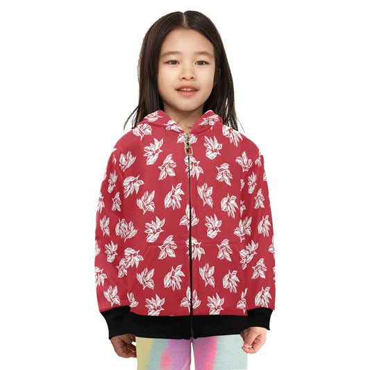 Red Retro Foliage, Hawaiian Flower - Junior Girls Zip up Hoodie