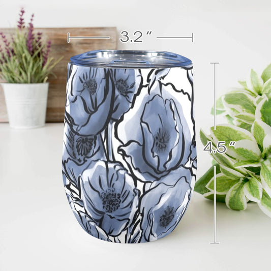 Blue And White Floral - 12oz Wine Tumbler 12oz Wine Tumbler Plants Printed Offshore