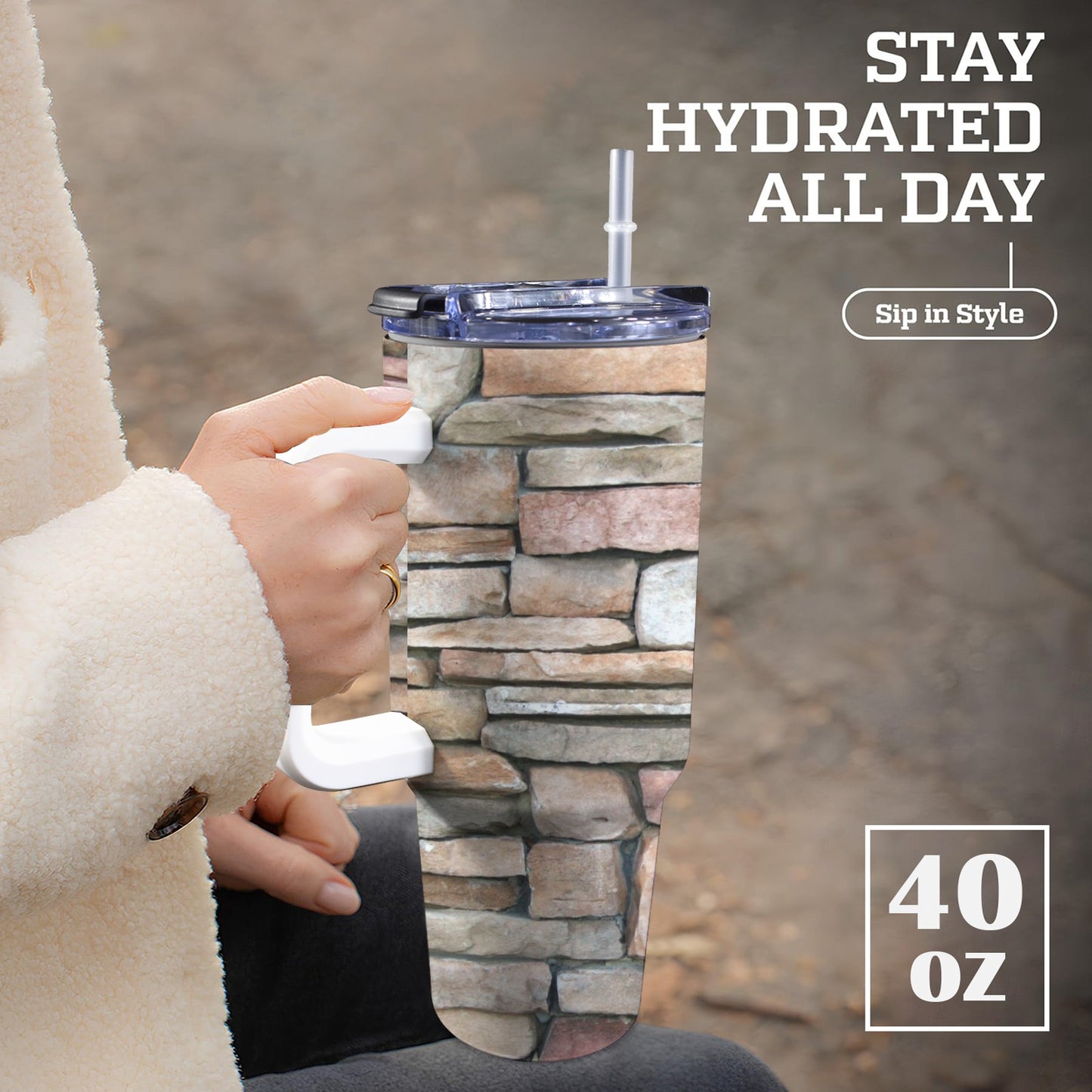 Stone Wall - 40oz Tumbler with White Handle