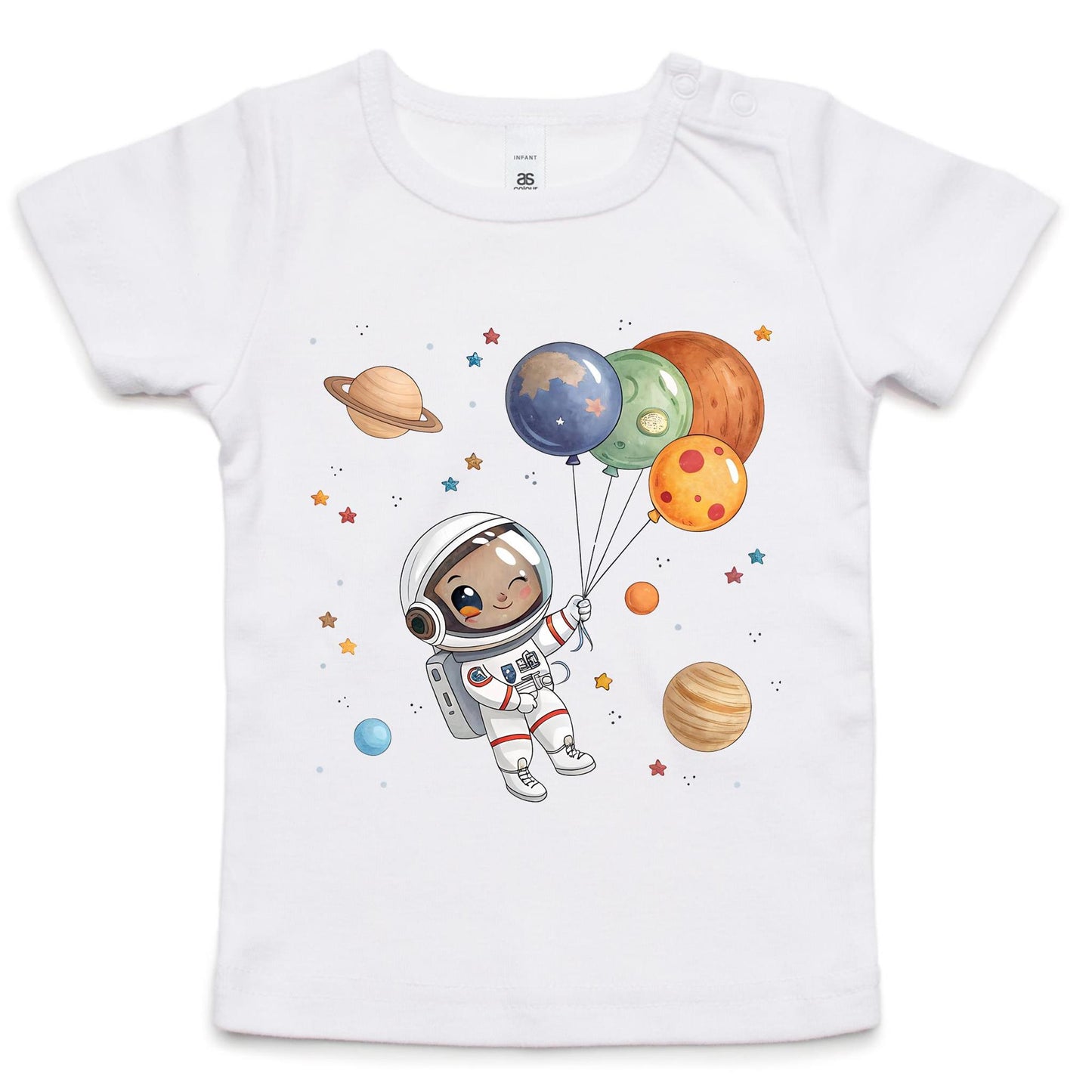 Balloon Planets Astronaut - Baby T-shirt White Baby T-shirt Printed In Australia Space