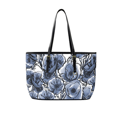 Blue And White Floral - Leather Tote Bag-Large