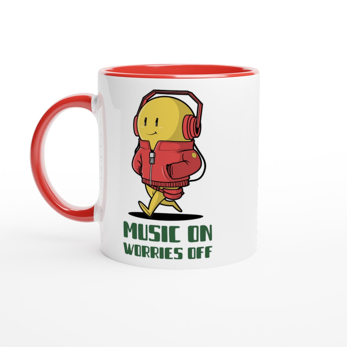 Music On, Worries Off - White 11oz Ceramic Mug with Colour Inside Ceramic Red Colour 11oz Mug Music