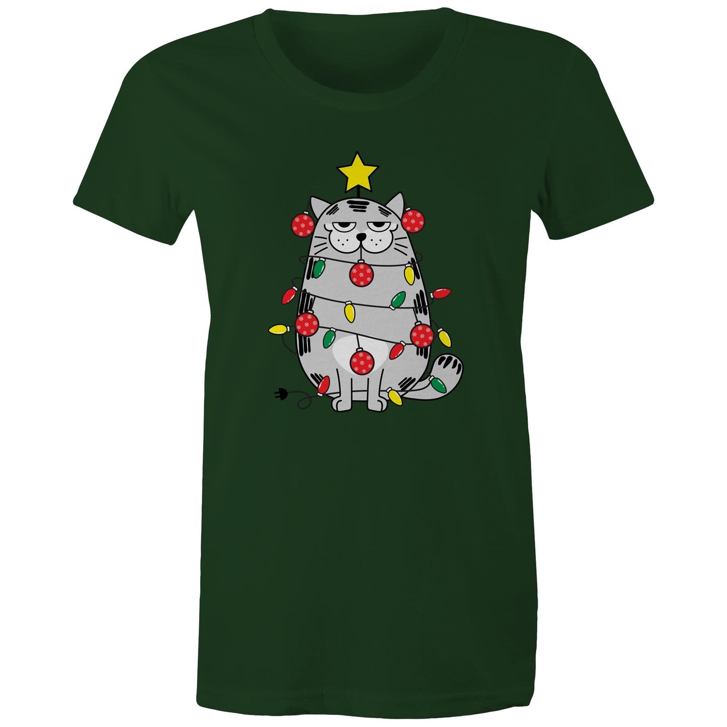 Cat Christmas Lights - Womens T-shirt Forest Green Womens Christmas T-shirt Christmas Printed In Australia