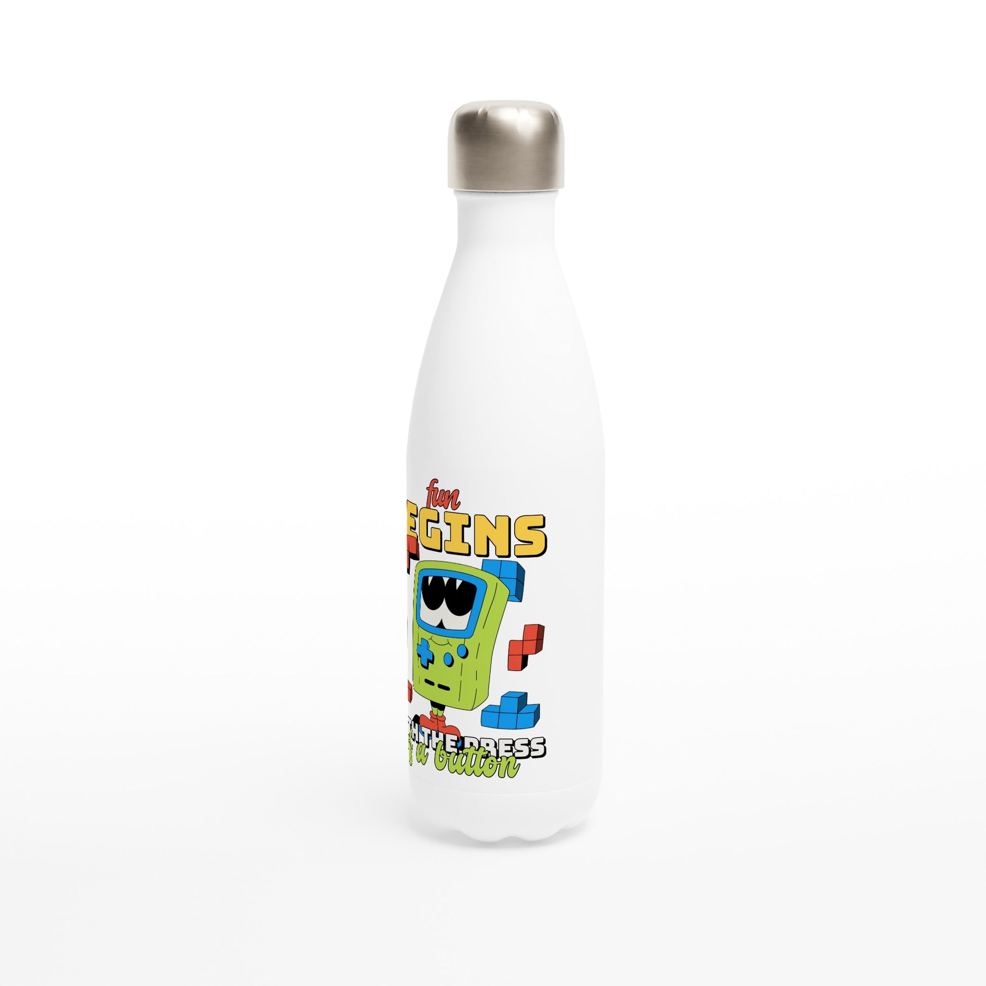 Fun Begins With The Press Of A Button - White 17oz Stainless Steel Water Bottle White Water Bottle Games