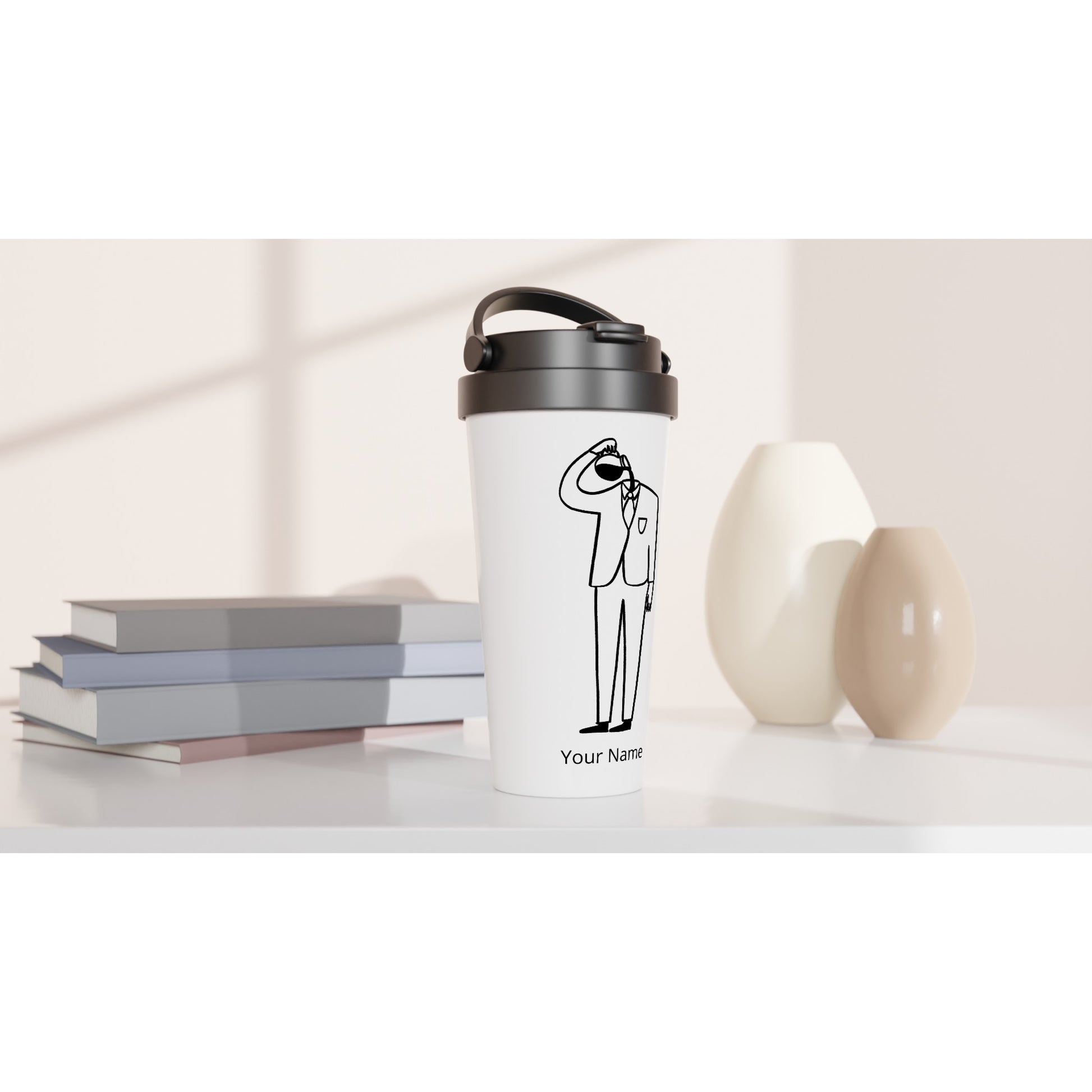 Personalised - Coffee Brain - White 15oz Stainless Steel Travel Mug Personalised Travel Mug Coffee