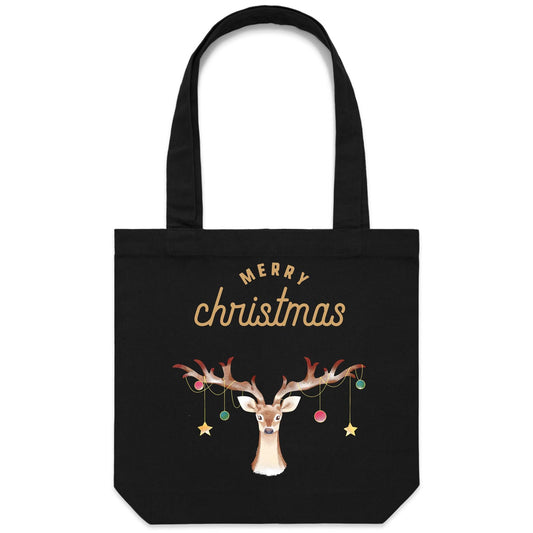 Merry Christmas Reindeer - Canvas Tote Bag Black One Size Christmas Tote Bag Merry Christmas