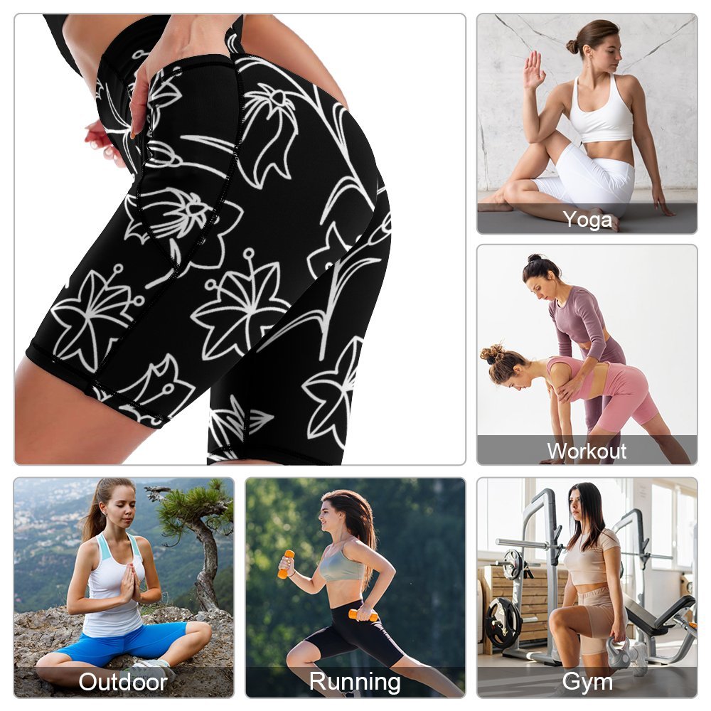 Black And White Floral - Womens Knee-Length Yoga Shorts Yoga Shorts Plants Printed Offshore