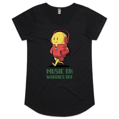 Music On, Worries Off - Womens Scoop Neck T-Shirt Black Womens Scoop Neck T-shirt Music