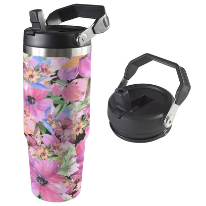 Bright Pink Floral - 30oz Tumbler with Top Handle