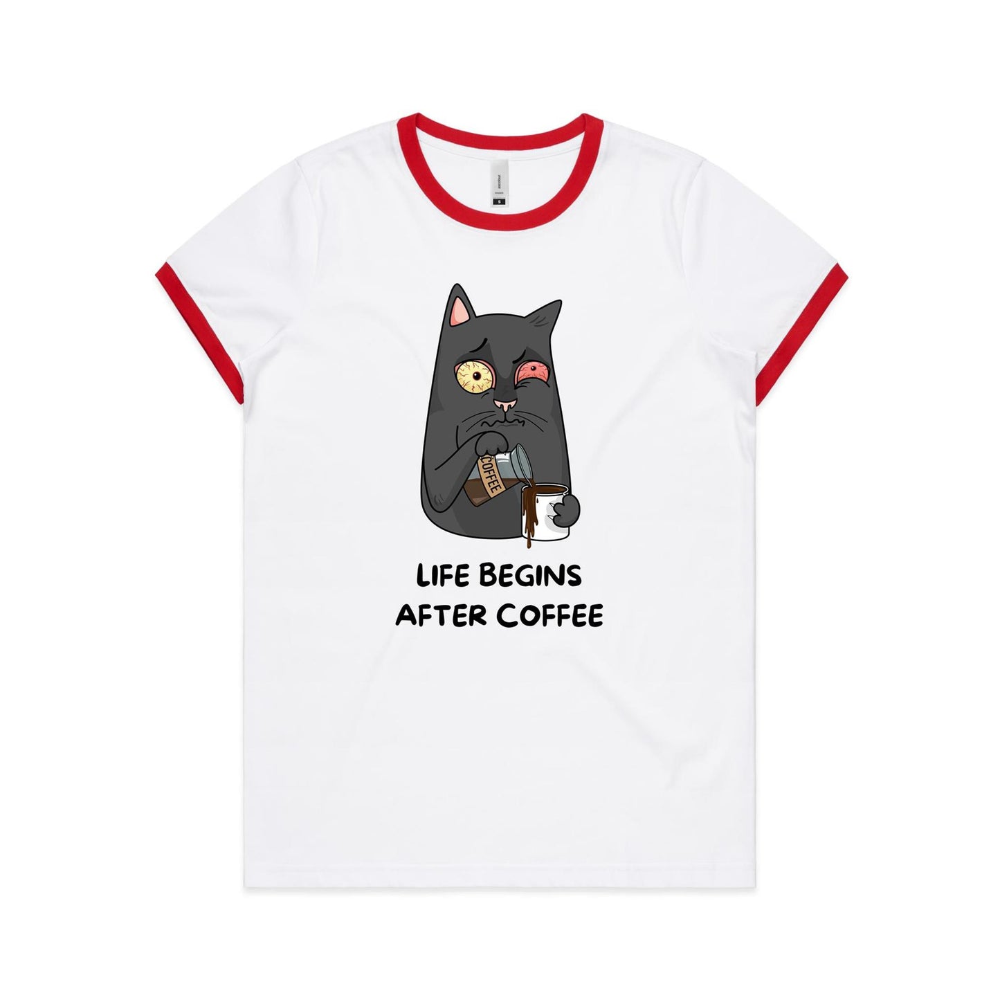 Life Begins After Coffee, Cat - Women's Ringer Tee