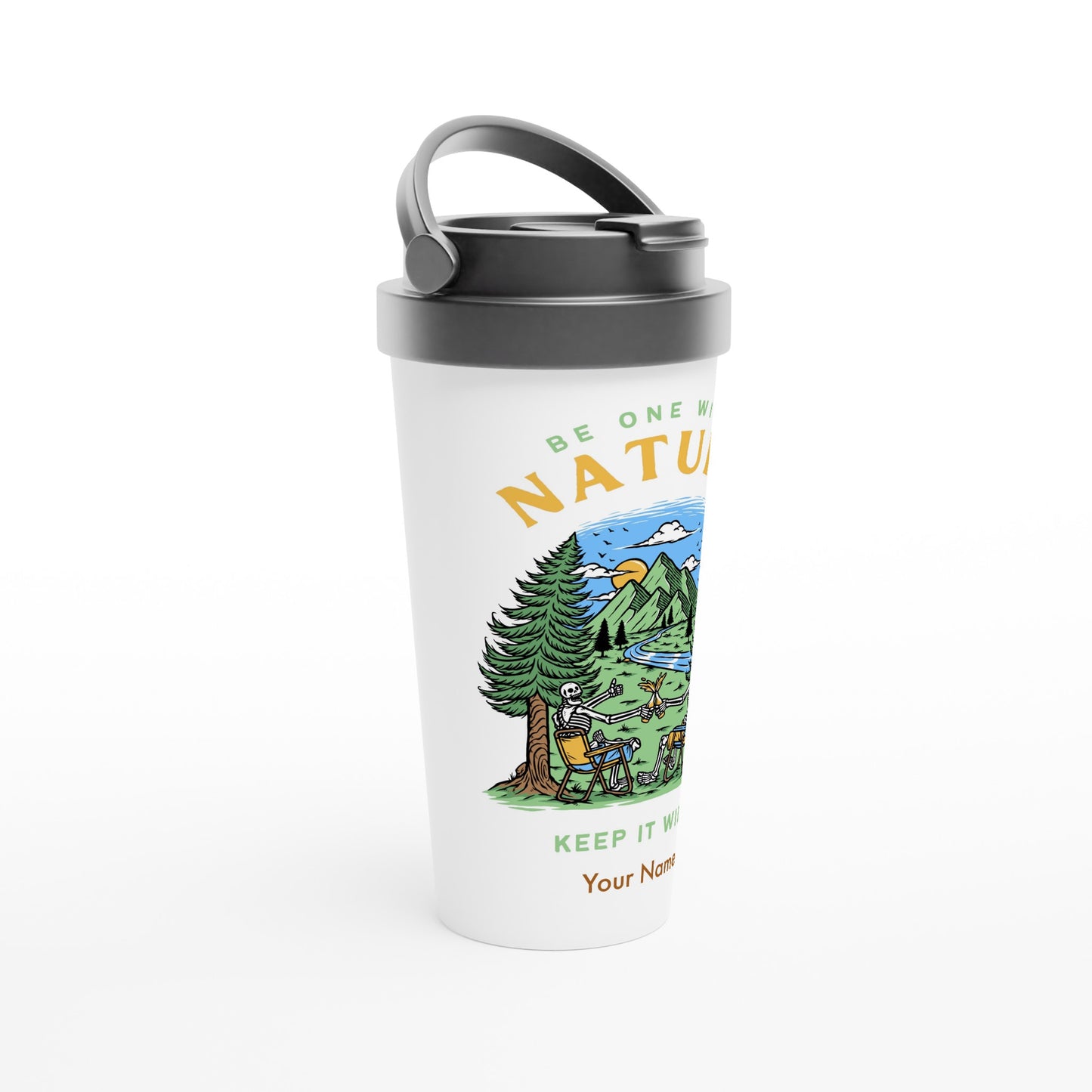 Personalised - Be One With Nature, Skeleton - White 15oz Stainless Steel Travel Mug Personalised Travel Mug Customise Globally Fulfilled Personalise Summer