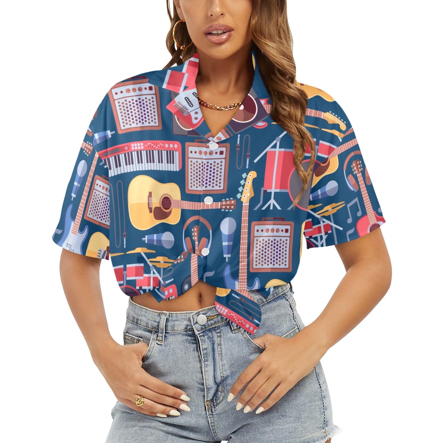 Music Instruments Blue - Womens Hawaiian Shirt