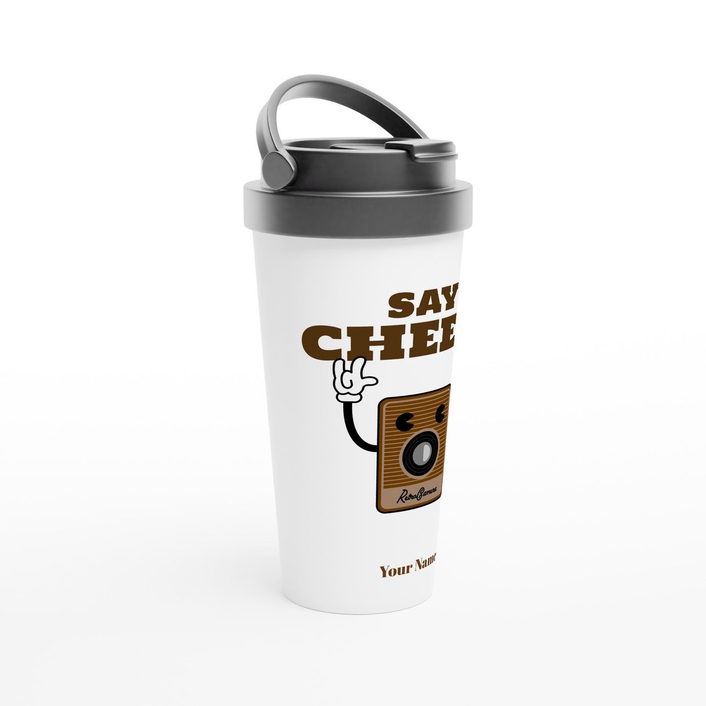 Personalised - Say Cheese, Retro Camera - White 15oz Stainless Steel Travel Mug Personalised Travel Mug Retro Tech