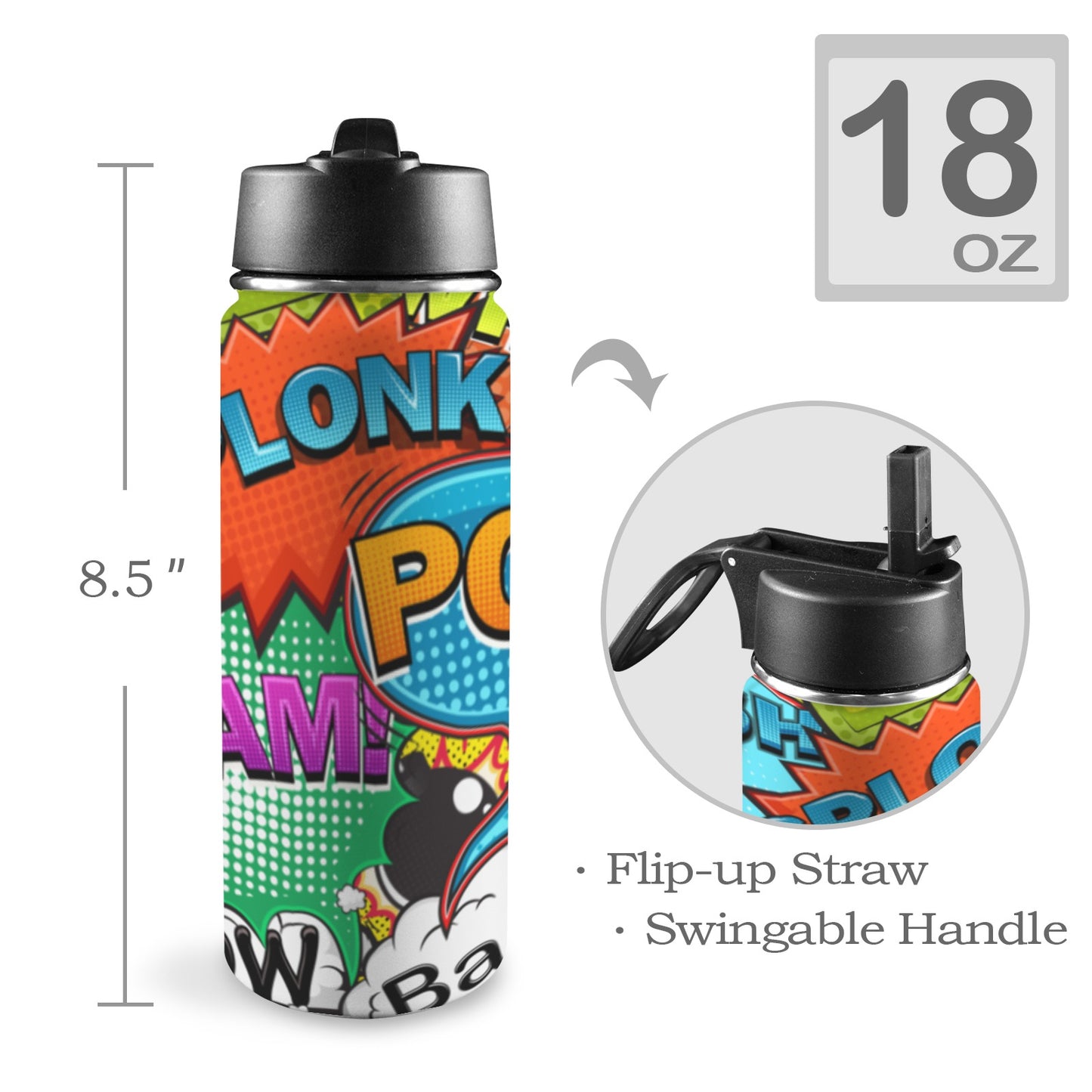 Comic Book 2 - Insulated Water Bottle with Straw Lid (18oz) Insulated Water Bottle with Swing Handle