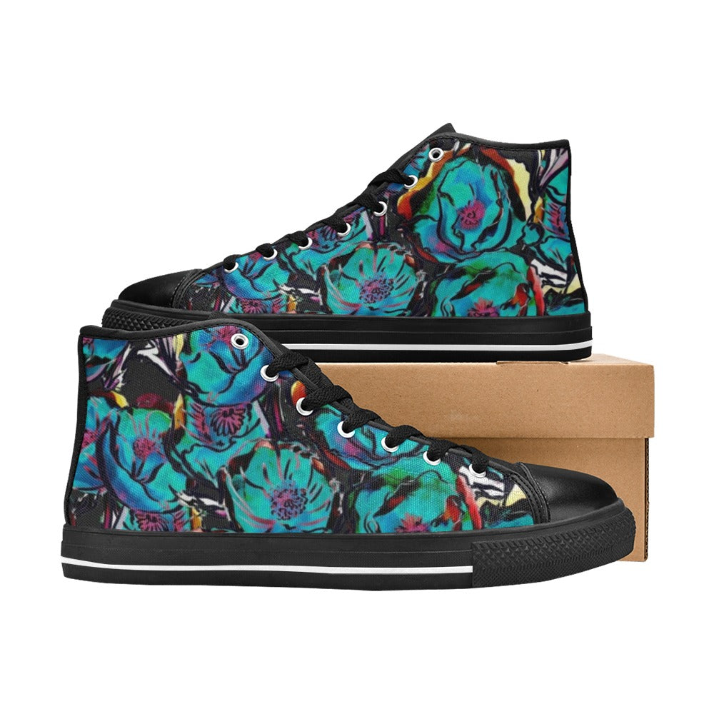 Flower It Blue - Women's High Top Canvas Shoes