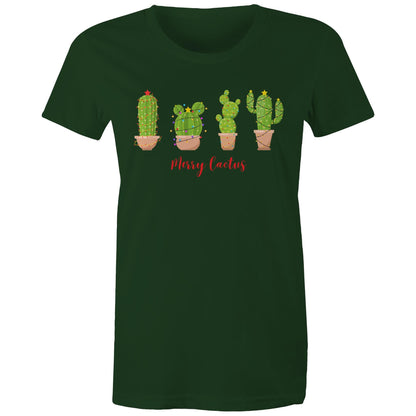 Merry Cactus, Christmas - Womens T-shirt Forest Green Womens Christmas T-shirt Christmas Printed In Australia