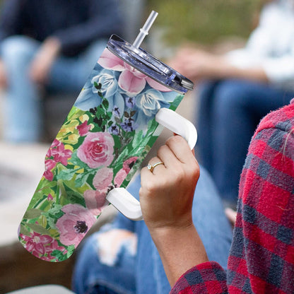 Bright Floral - 40oz Tumbler with White Handle