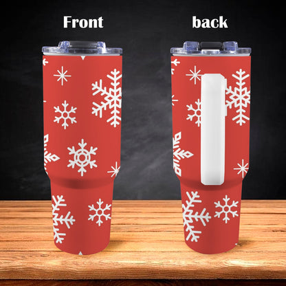 Red Snowflakes - 40oz Tumbler with White Handle