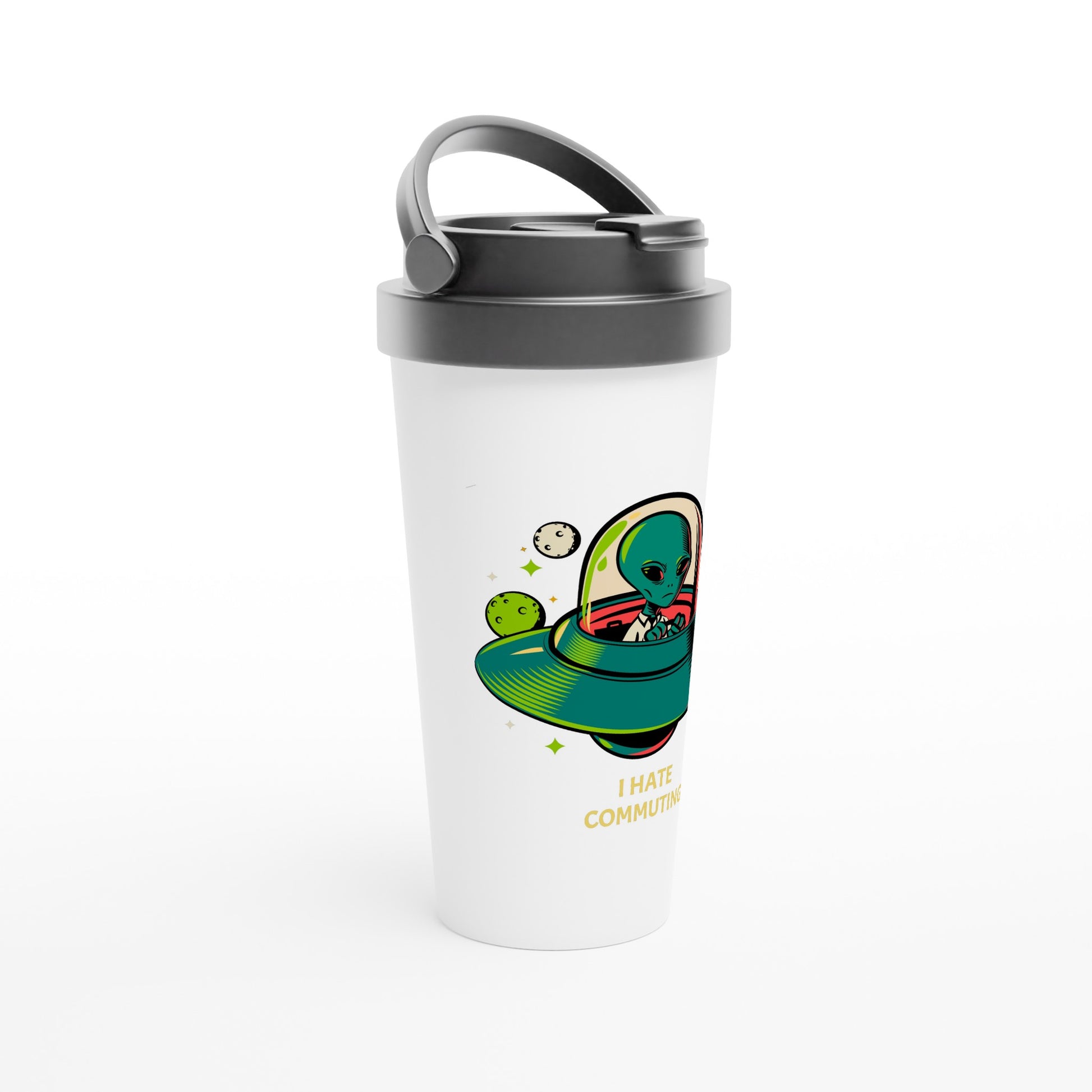 Alien Commute - White 15oz Stainless Steel Travel Mug Travel Mug Globally Fulfilled Sci Fi